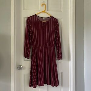 Old Navy Waist-Defined Striped Keyhole Dress for Women Long Sleeve Burgundy.